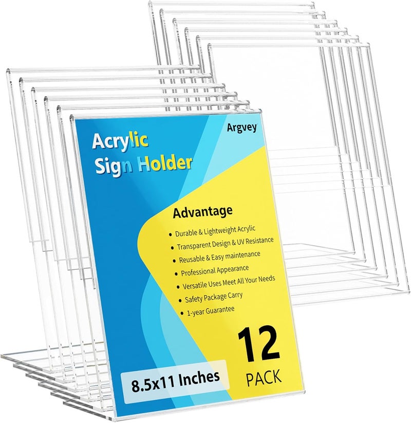 Argvey 12 Pack Acrylic Sign Holder, Clear 8.5 x 11 Inch Slant Back Vertical Sign Holder, Tabletop Plastic Paper Picture Frame Flyer Document Holder Display Stand for Home, Office, Restaurants, and Stores - Image 1